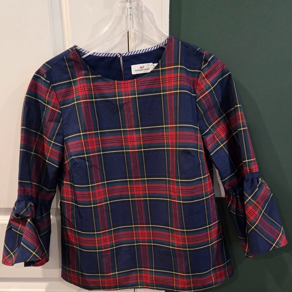 Vineyard Vines - Womens Jolly Red Blue Plaid Bell Sleeve Top Size 12